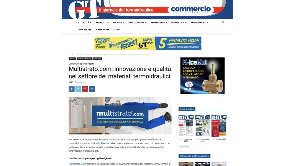 ARTICOLO IN HOME PAGE SUL PORTALE DELLA PRESTIGIOSA RIVISTA DI SETTORE GT, IL GIORNALE DEL TERMOIDRAULICO